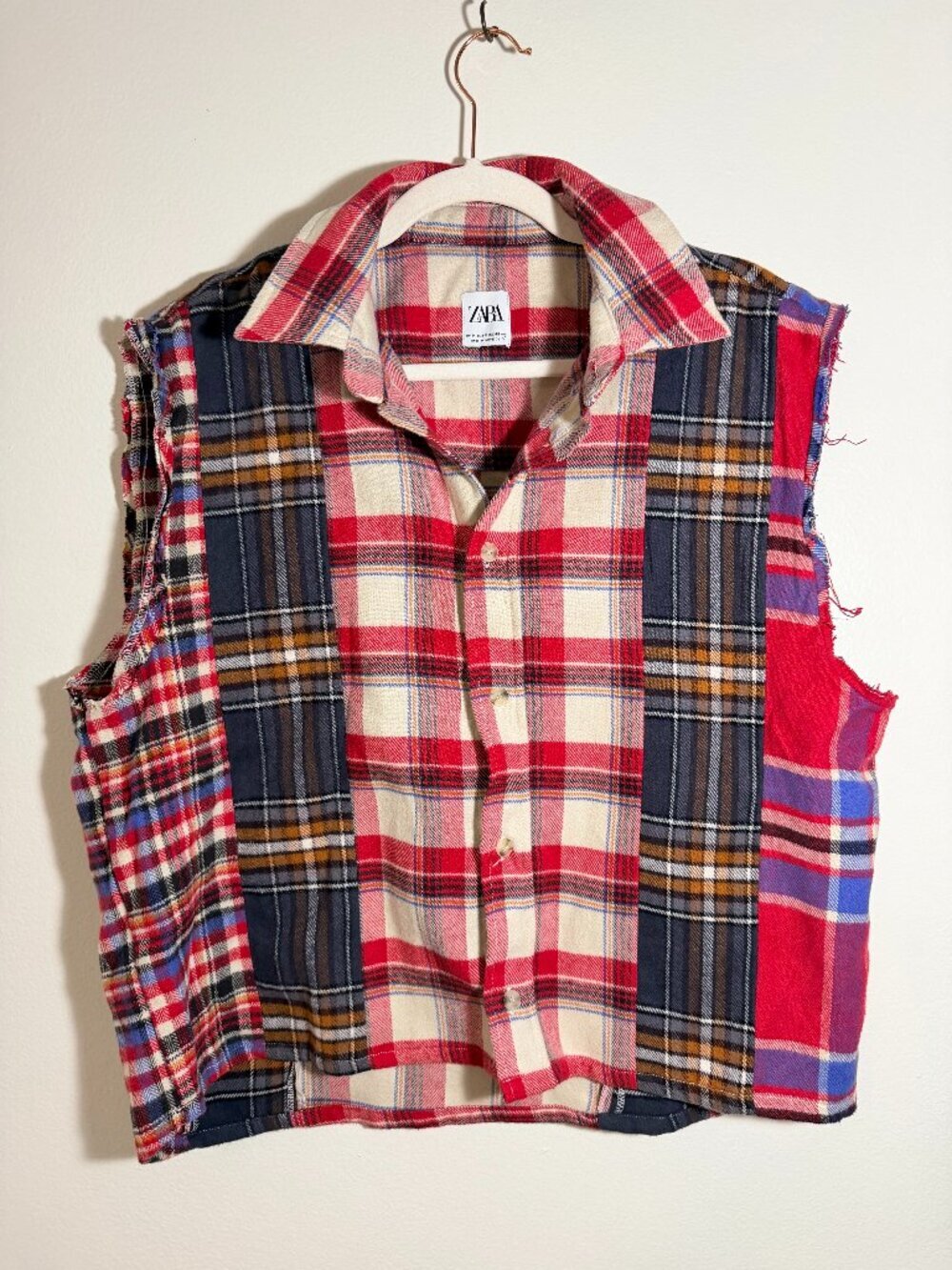 Zara Red Blue Plaid Patchwork Sleeveless Button Up Vest Top Size M Y2K Grunge Bo